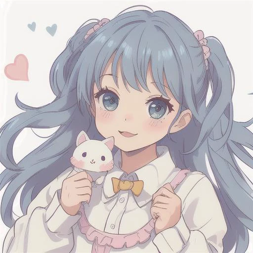 anime girl with long blue hair holding a white cat