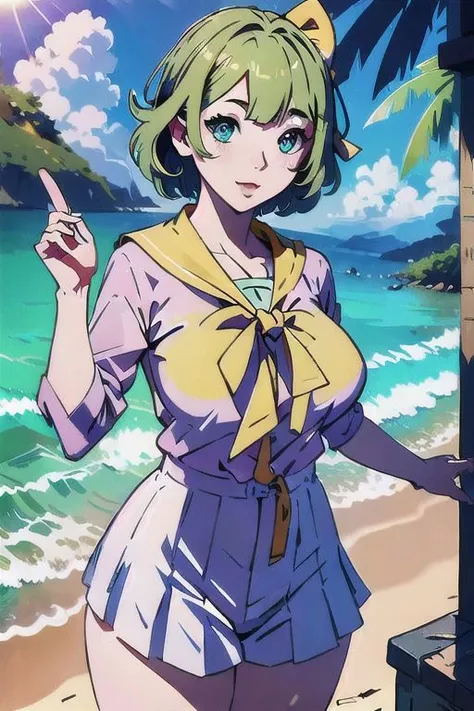 a woman in a sailor suit standing on a beach next to the ocean