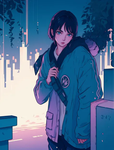 a woman in a blue jacket standing in front of a city