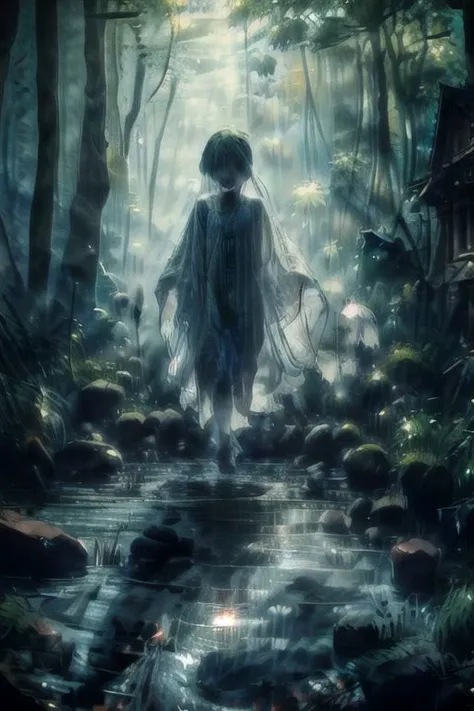 a woman walking through a forest with a stream of water