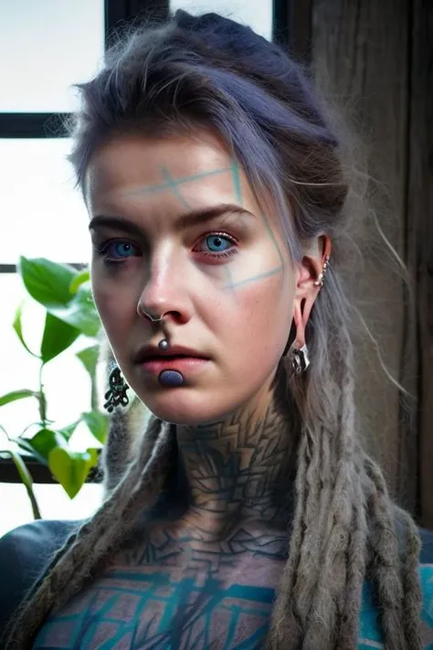 a close up of a woman with dreads and piercings