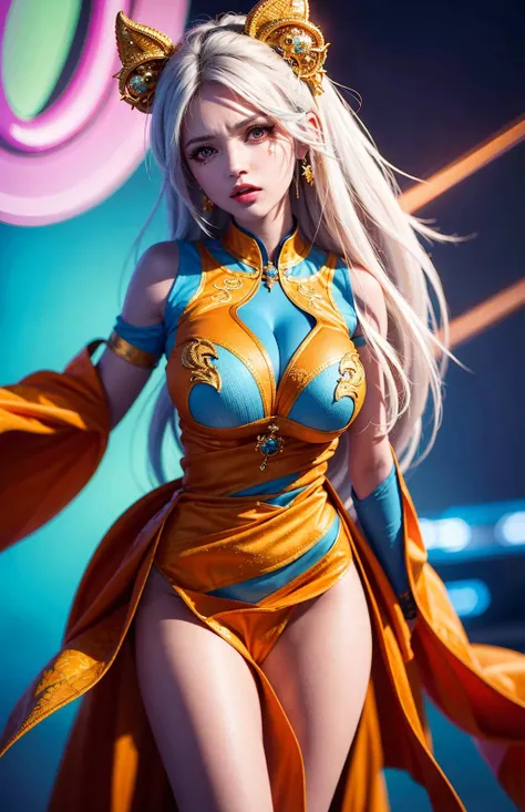 (cowboy shot:1.2), (random mordel_pose:1.1), (28 age women, solo:1.1), (random mood:1.1), (blue colortone:1.2), (angry emotion:1.2), (:1.2)(random hair_style white hair:1.2), (orange eye:1.2), (beauiful ebony women face mixed:1.2), (detailed random_fashion...