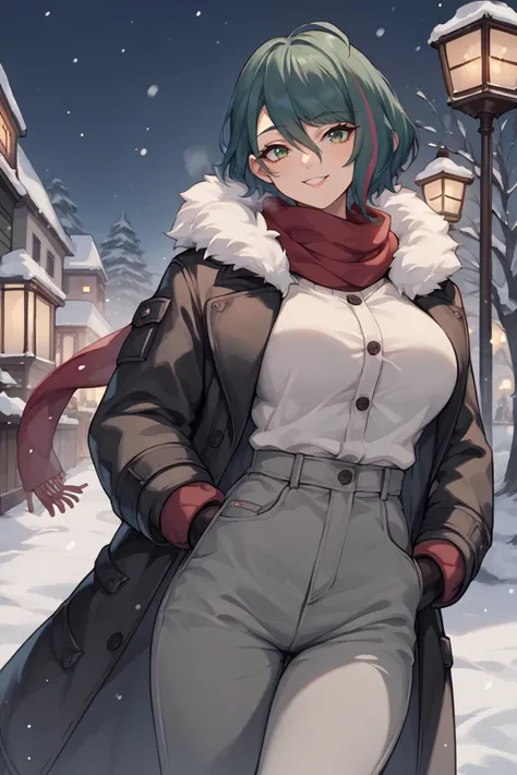 a woman in a coat and scarf standing in the snow