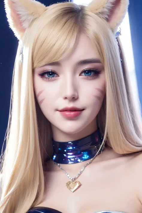 1girl, <lora:KDA_Ahriv2LoRA:0.7>, kdaahri with blonde long hair, cat ears and crystal like tail, wearing kdaoutfit, close-up,