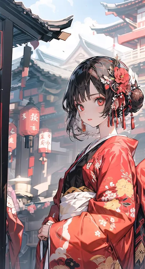 anime girl in kimono outfit holding a fan in front of a building