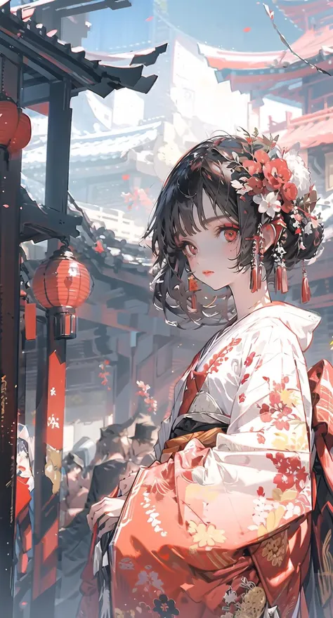 anime girl in kimono outfit standing in front of a building