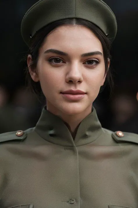 Kendall Jenner 
The image depicts Kendall Jenner  in a military uniform. Kendall Jenner , greencod,  privaty (nikke), Short hair,  ponytail, military uniform, military cap, smile on her lips. There are other people in military uniforms in the background., ...