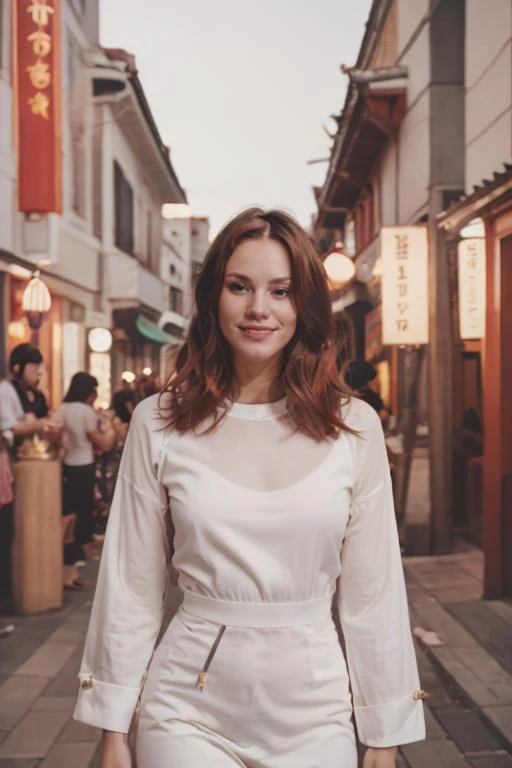 b3llarams3y woman, laughing, dress outfit, elegant, influencer, aspirational, in the Chinatown, cinematic lighting, DSLR, at night <lora:b3llarams3y:0.8>