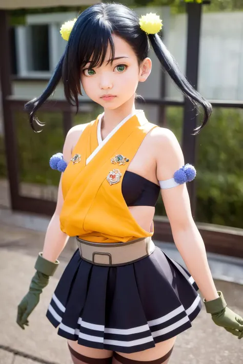 masterpiece, best quality, highres, 1girl hibachi twintails hair ornament, yellow shirt strapless bra armband black skirt red legwear purple legwear belt elbow gloves green gloves pink bow <lora:hibachi:1> standing, (photorealistic:1.2)