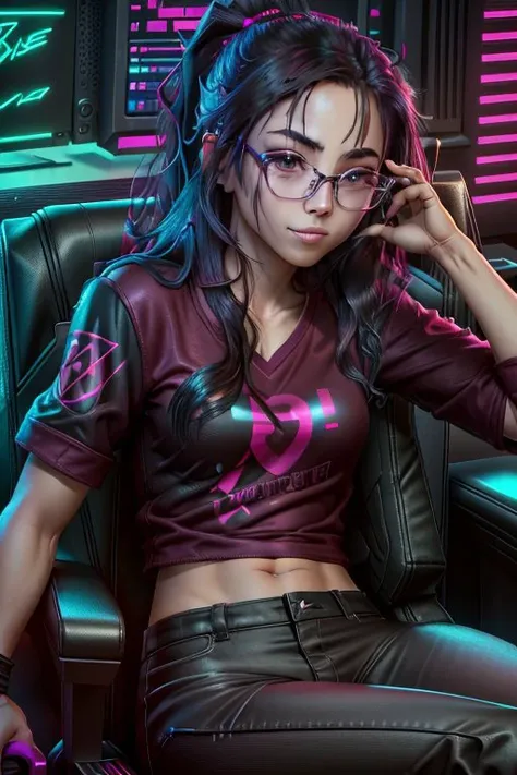 annaakana, smiling, solo, sitting in her gaming chair as a gamer girl, neon lighting, glasses, long black hair, burgundy shirt,, detailed eyes, detailed lips, 8k, octane render, 3d, realistic, straight shot, <lora:AnnaAkana:1>