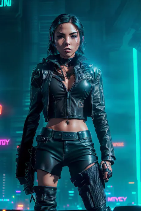 annaakana, full body, solo, as a cyberpunk woman standing in a cyberpunk city, leather jacket, ripped jeans, pants, combat boots, futuristic, technology, neon signs, cinematic neon lighting, detailed eyes, detailed lips, long black hair, medium breasts, 8k...