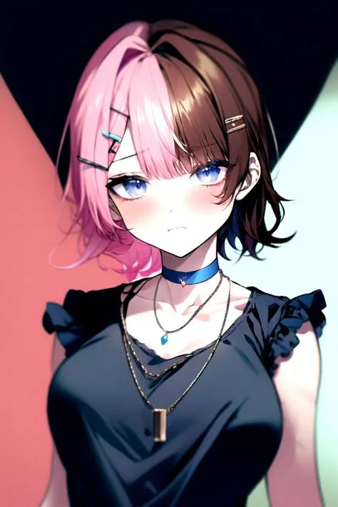 anime girl with pink hair and blue eyes wearing a black top