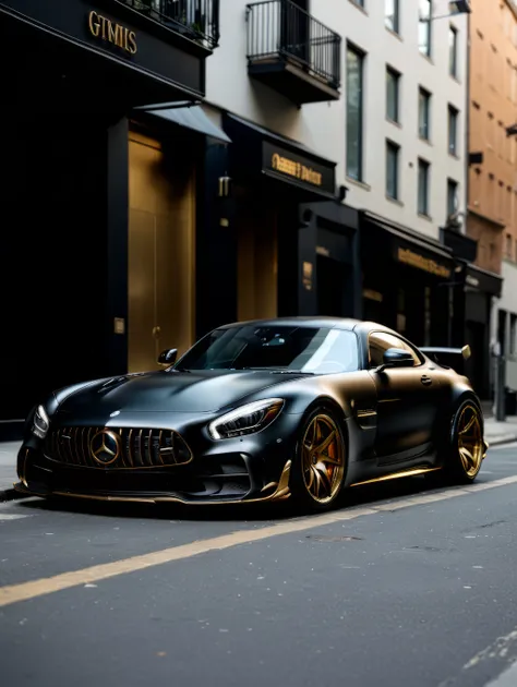 a close up of a black sports car parked on a city street