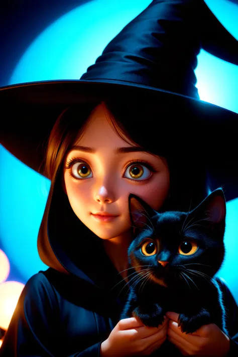 young witch wearing black witches hat and black robe holding black kitten in the style of pixar, 35mm film shot, anamorphic lens, lens flare,