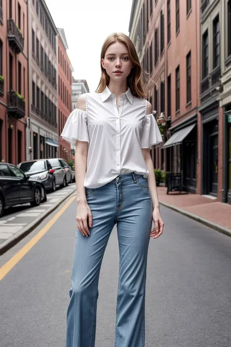 European woman, closeup, sandals, (shirt), pants, (streets of boston), ZM_helle, wide shoulders, perfect face, (contact iris: 1.1), pale skin, skin pores , depth of field