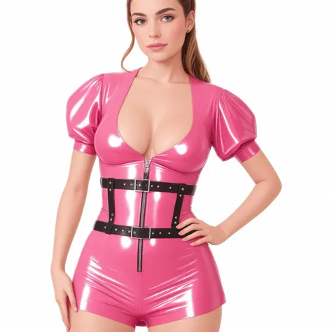 a woman in a pink latex bodysuit dress outfit with corset posing for a picture with her hands on her hips and a collapink collar around her neck, 1girl, metal chocker, harness