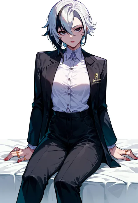 anime - style image of a woman in a suit sitting on a bed