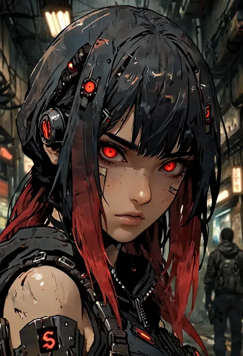 Grunge style Sofia Boutella as a biomechanical cyberpunk bounty hunter in a dystopian future, wearing a sleek black cybernetic hooded jumpsuit, dimly glowing red mechanical eyes, commanding and threatening expression, cutting-edge tactical gadgets, razor-s...