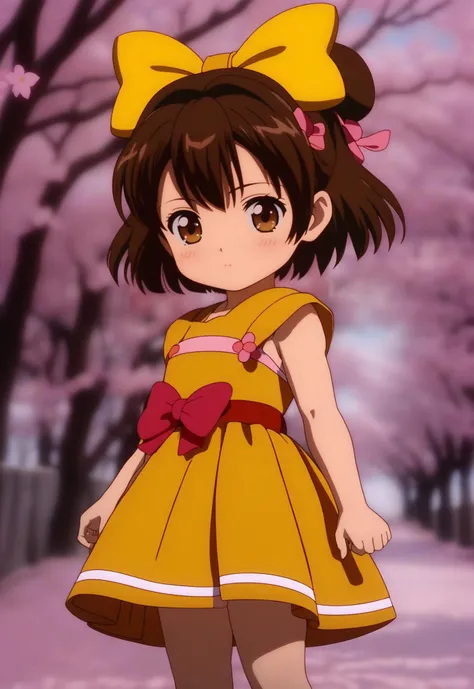 1998 DVD old anime screenshot style, clip old anime screenshot style, a brown short haired Kinomoto Sakura with a bow on her head, chibi, a princess yellow dress in course style, cut, beautiful eyes, cute