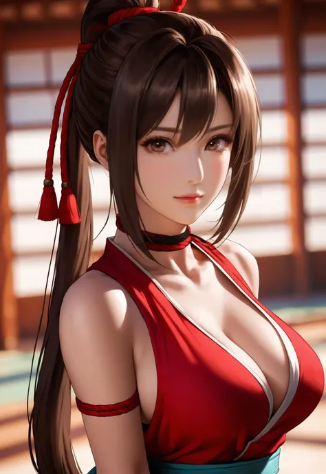 1girl, solo, long hair, breasts, looking at viewer, large breasts, brown hair, cleavage, bare shoulders, brown eyes, closed mouth, upper body, ponytail, japanese clothes, sleeveless, choker, blurry, arm up, lips, parted bangs, sash, blurry background, high...