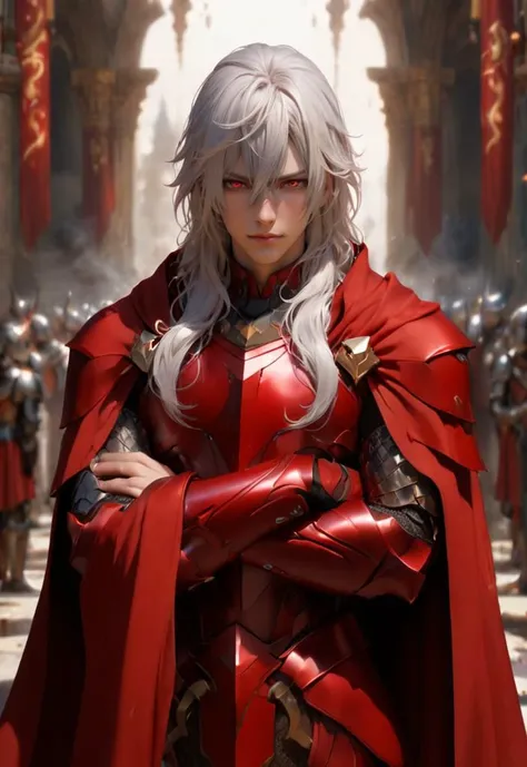 sci-fi, exclusively full body shot, Masterpiece, realistic manga style, realistically photographic, symmetry, male who wears entirely crimson red futuristic-protection-armor based on both design of dignified medieval armor and futuristic technology with re...