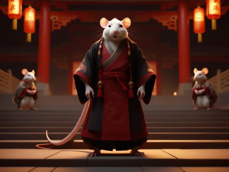 Chinese style cultivating immortals, 4K CG realistic style, a Chinese monster humanoid Rat, thin and cunning, full body, on the steps before the Chinese Hall of Principalities, lecturing three humanoid Mice Samurai in the square below him