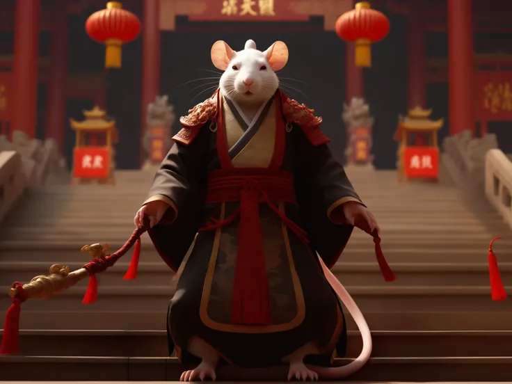 Chinese style cultivating immortals, 4K CG realistic style, a Chinese monster humanoid Rat, thin and cunning, full body, on the steps before the Chinese Hall of Principalities, lecturing three humanoid Mice Samurai in the square below him