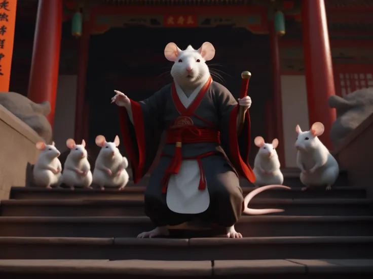 Chinese style cultivating immortals, 4K CG realistic style, a Chinese monster humanoid Rat, thin and cunning, full body, on the steps before the Chinese Hall of Principalities, lecturing three humanoid Mice Samurai in the square below him