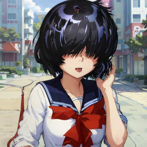 Urabe, serafuku, (hair over eyes:1.3), anime, masterpiece, best quality, tongue out