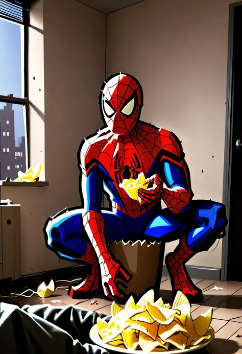 <lora:Everly Heights Comics:1> Spider-Man eats potato chips in his shitty small NYC apartment, cinematic composition.