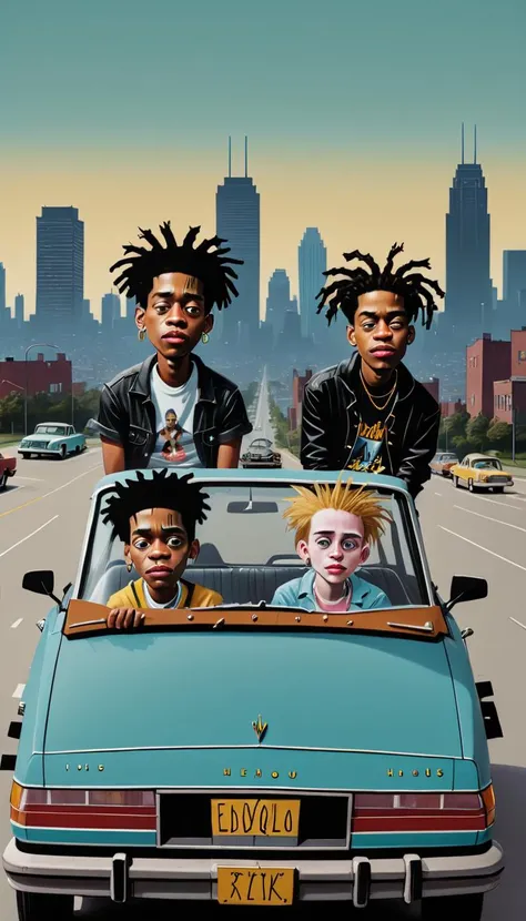 <lora:Everly Heights Comics:1> a group of 1990s friends sitting on the hood of a vintage car, sharing stories, with a city skyline in the background, inspired by the works of Jean-Michel Basquiat and Edward Hopper, cinematic composition.