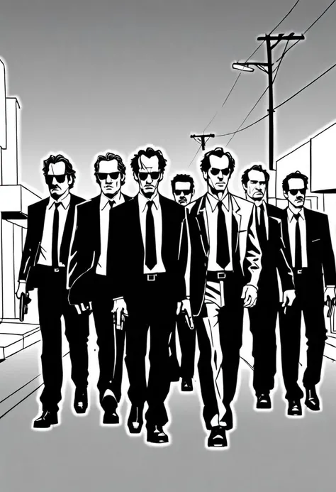 <lora:Everly Heights Comics:1> Black and white lineart, The crew walks down the street in Reservoir Dogs.