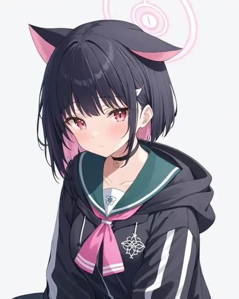 kazusa (blue archive),1girl, solo, white_background, simple_background, upper_body, black_choker, hood, pink_neckerchief, green_sailor_collar, blush, closed_mouth, black_jacket
<lora:kazusa_(blue_archive)_image2363_2023-11-28-000006:1>halo. gorgeous,key vi...