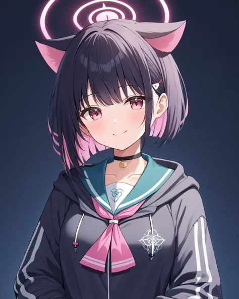 kazusa (blue archive),1girl, solo, halo, hairclip, smile, black_choker, upper_body, hooded_jacket, looking_at_viewer, blush, pink_neckerchief, sailor_collar, long_sleeves, hood_down, holding_cup, hoodie
<lora:kazusa_(blue_archive)_image2363_2023-11-28-0000...