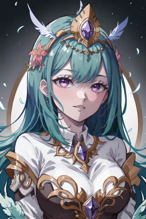 <lora:love_anime_style_v1:0.7>A mesmerizing digital portrait of a charismatic woman with piercing violet eyes, adorned in an ornate headdress, surrounded by vibrant blossoms and delicate feathers