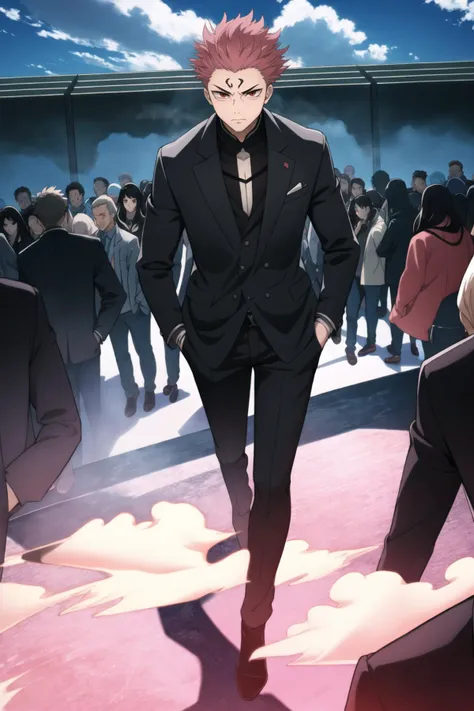 anime image of a man in a suit and tie walking through a crowd