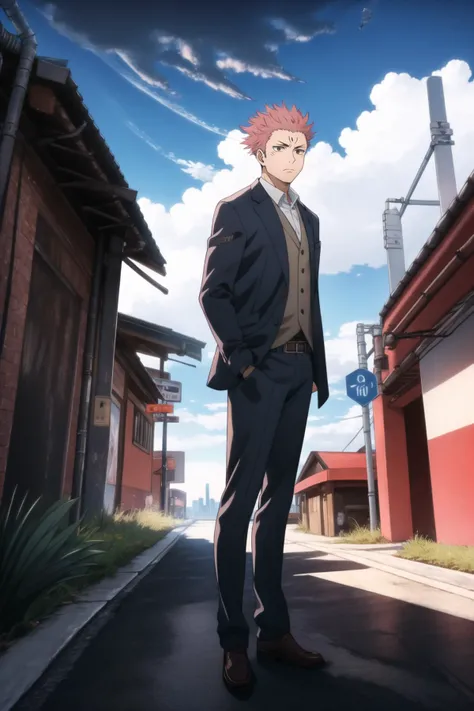 masterpiece, best quality, RyomenSukuna, 1man, jacket, ((suit)), closed mouth, serious, city alley, ((day, clouds)), standing, hands in pockets, at restaurant, cowboy shot, outdoors, <lora:RyomenSukuna001:0.6>