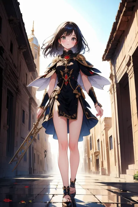 a woman in a black dress and a sword walking down a street