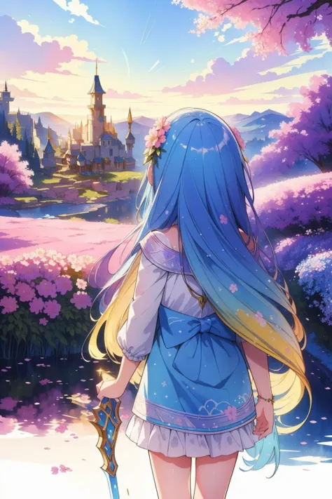 a girl with long blue hair and a sword in front of a castle