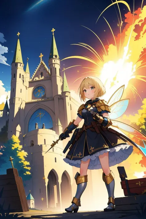 a woman in a dress and a sword stands in front of a castle