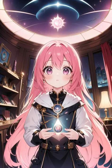 a girl with pink hair and a black dress holding a crystal ball