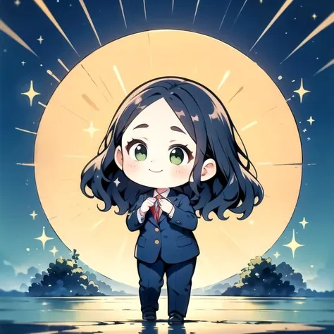 a cartoon girl in a suit standing in the water with a full moon in the background