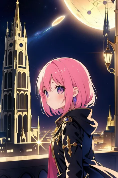 a woman in a pink wig and black coat standing in front of a clock tower