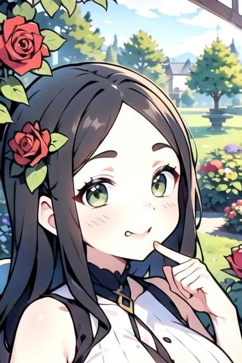 anime girl with long black hair and green eyes in a garden