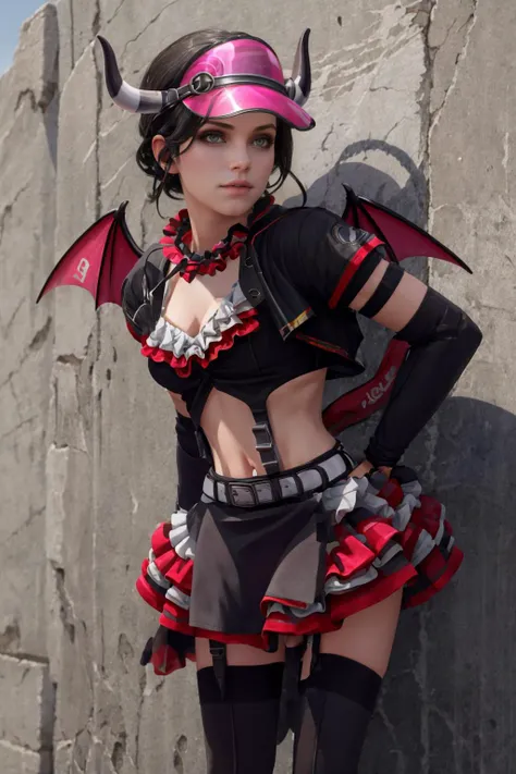 masterpiece, best quality,  <lora:Degen-Syanna:0.8>  syanna, leaning forward,  short hair, black hair, hllwngm outfit, pink visor cap, headset, black collar, pink demon wings, demon tail, demon horns, cropped jacket, open jacket, crop top, cleavage, suspen...