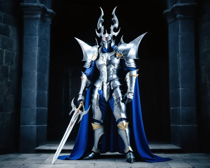 a dorugoramon knight standing in a castle and holding a sword,full body,cape,horns,forehead jewel, raw photo,cinematic shot,realistic,professional lighting,professional photography, <lora:DORUgoramon:0.65>