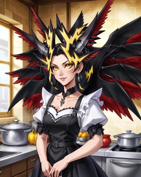 portrait of a cute dexdoru maid in the kitchen,yellow eyes,dragon horns,wings,dress,smug,indoors,anime style, <lora:Dexdorugoramon:0.8>