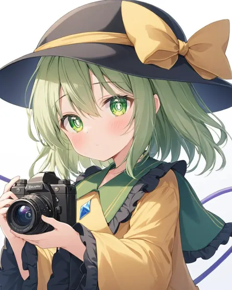 anime girl with green eyes holding a camera and wearing a hat