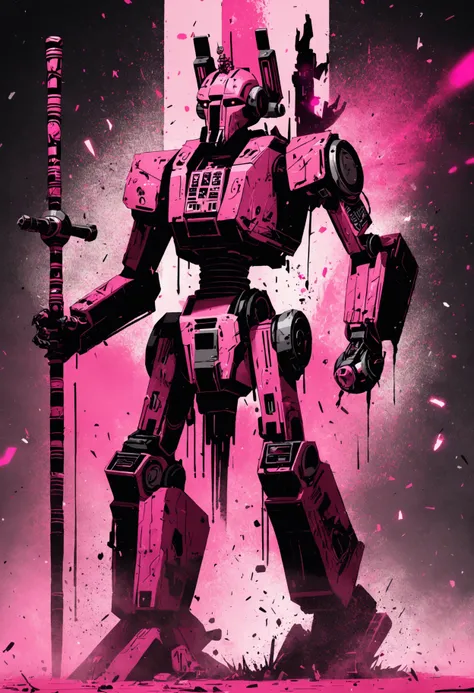 a pink poster of a robot with a sword and a pink background