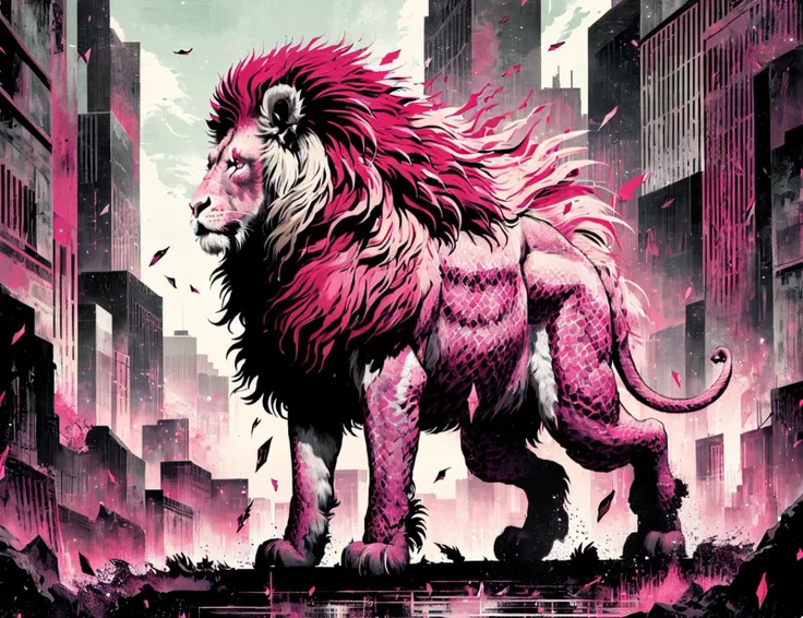 a close up of a lion standing in a city with a pink sky